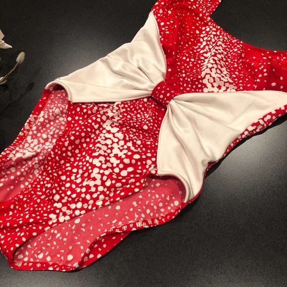 Vintage Mainstream Bow Front Red White Dot One Piece Swimsuit USA 80s 90s - Picture 2 of 13